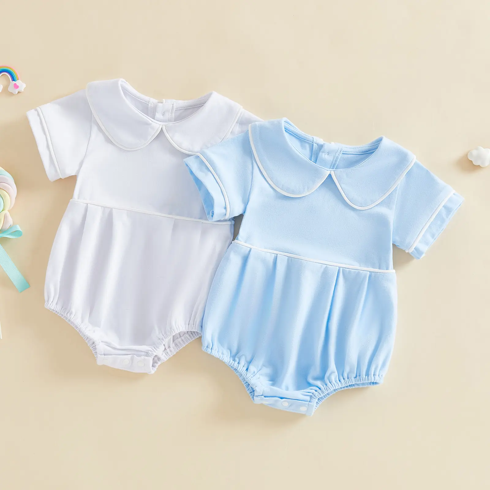Newborn Baby Girl Boy Summer Romper White Trim Short Sleeve Doll Collar Bubble Jumpsuit Cute Infant Bodysuit 0-18 Months