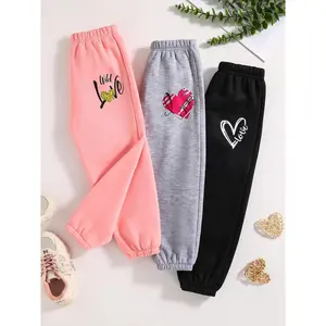 Girl's Letter & Heart Print Elastic Waist Sweatpants, Casual Comfy Trousers for Fall & Winter, Kids Bottoms for Daily Wear