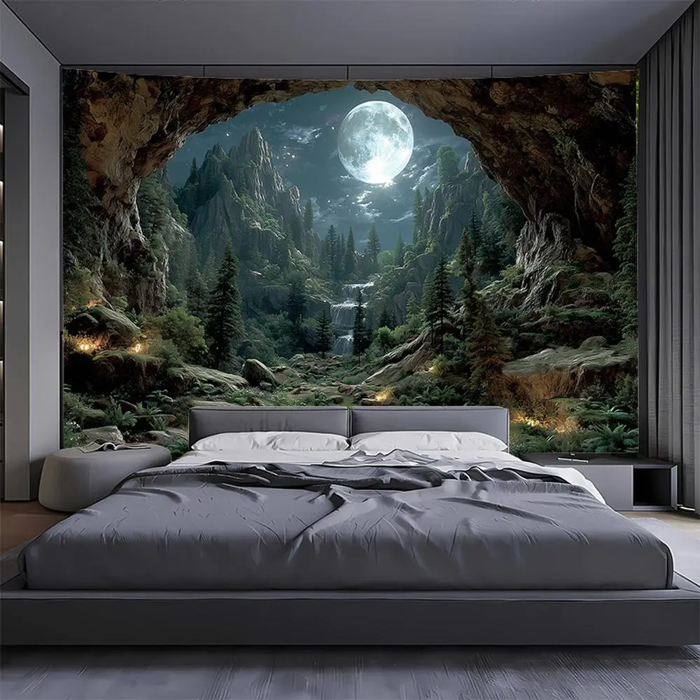 1PC 2D Flat Polyester Reusable Tapestry - Dreamy Moonlit Cave, Forest & Waterfall Scene, Room Decor Home Accessories for Bedroom Bedhead, Birthday Backdrop Banner, Mysterious Natural Home Supply,summerwins