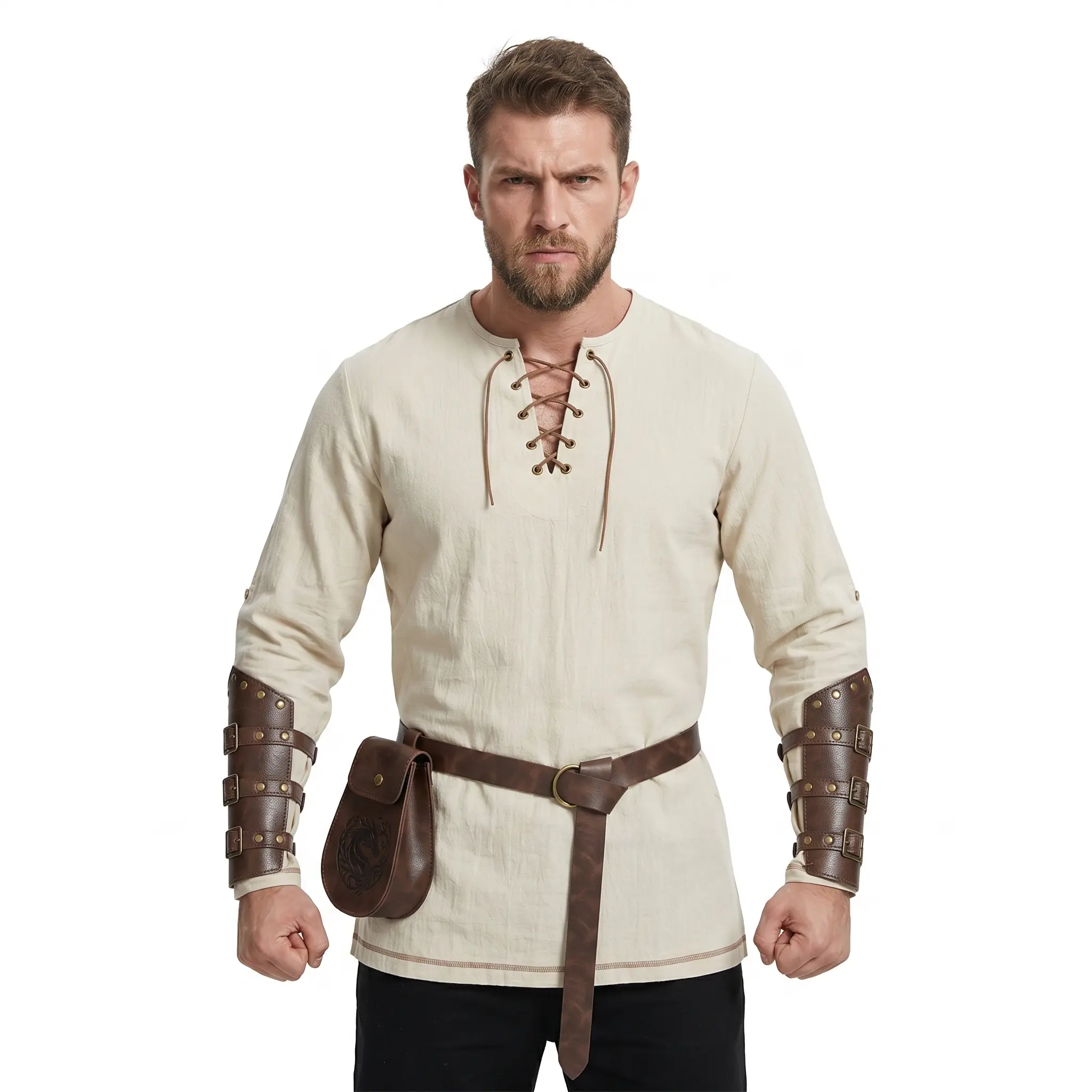 Men Medieval Renaissance Costume Set,Viking Cosplay Outfit, Medieval Knight Shirt with PU Leather Bracers, Belt and Dragon Pattern Pouch for Halloween Party
