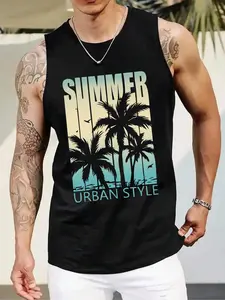 Men's Regular Fit Palm Tree & Sunset Tropical Print Tank Top, Casual Landscape Print Sleeveless Top for Summer, Fashion Men's Clothes for Daily Wear, Muscle Tank Top