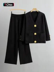 Women's Versatile V-Neck Gold-Toned Button Side Pocket Cardigan & High Waist Wide Leg Trousers Fitted Co-ord Outfit
