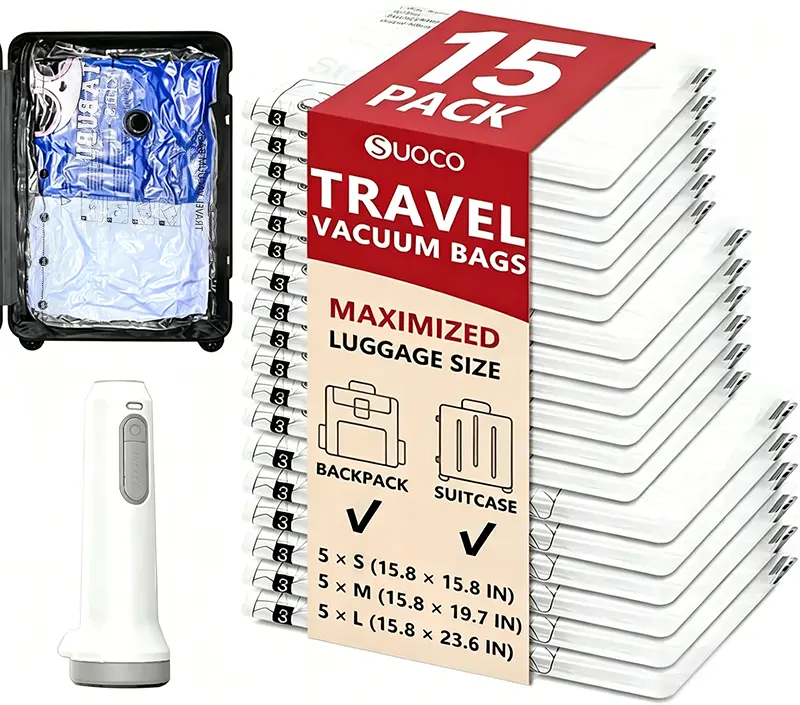 Cordless Travel Vacuum Storage Compression Bag Set – 15-Pack in 3 Sizes – USB Rechargeable Handheld Pump with Built-In Battery – Waterproof & Reusable Space Saver for Clothes & Packing, Perfect for Carry-On Suitcases Compressed Bags backtoschoolhauls