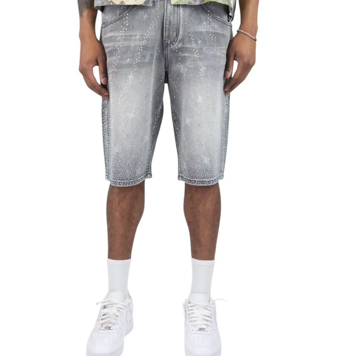 R3BEL | RHINESTONE WASHED RELAXED DENIM SHORTS - GREY