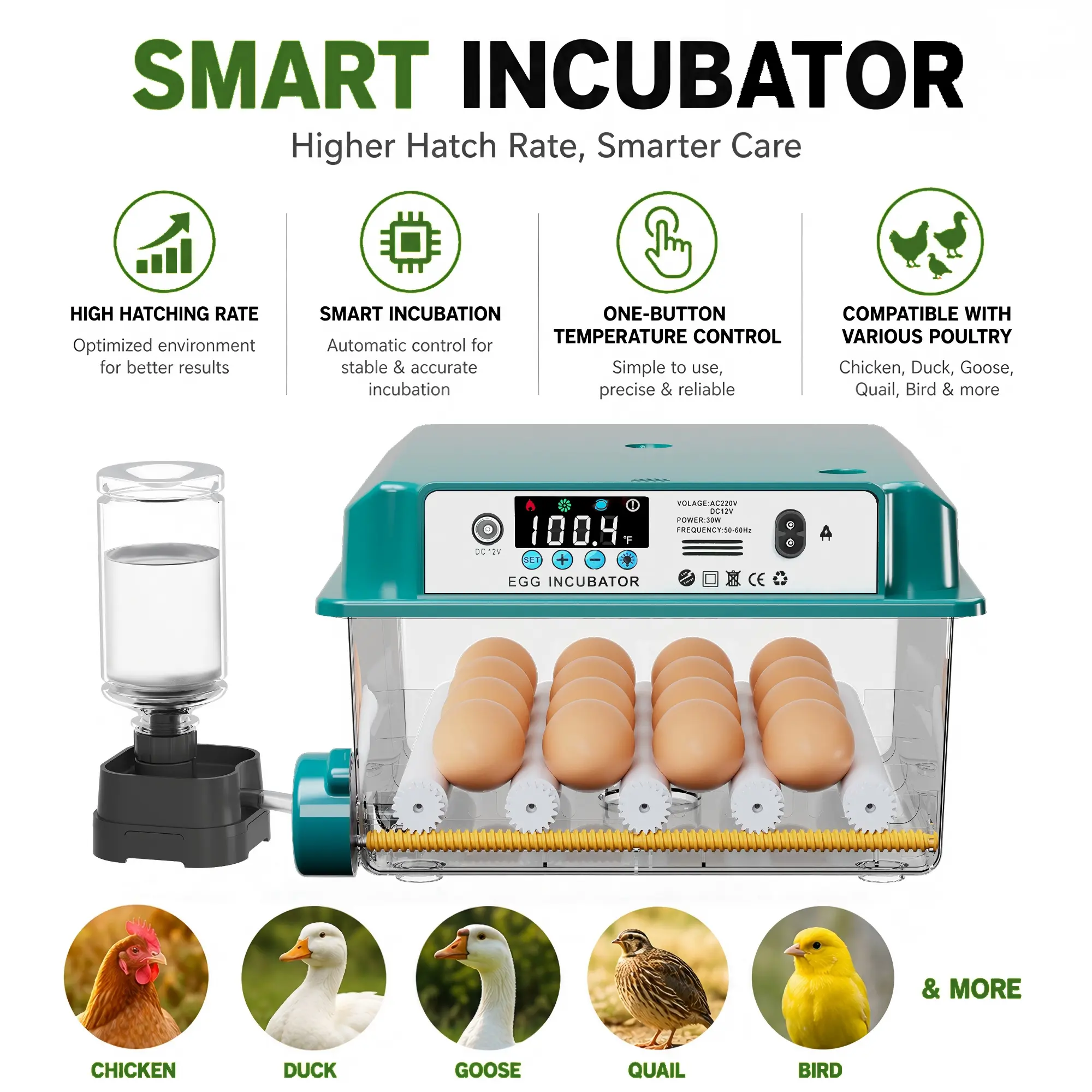 16-Egg Smart Compact Incubator for Home, Classroom Use - 2026 Fully Auto Mini Hatcher with Temp Control, Egg Candler for Chicken, Goose - High Hatch Rate Farm Poultry Supply Accessory