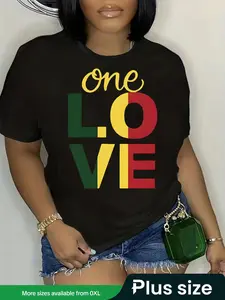 Plus Size "One Love" Letter Print Round Neck Tee, Fashion Casual Crew Neck Short Sleeve T-shirt for Daily Outdoor Wear, Graphic Tees, Women Plus Clothing for Summer