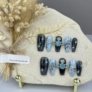 Light luxury black blue contrast Saturn heart-shaped sparkling diamond temperament pure handmade wearing armor, cute and exquisite nail art, sparkling diamond nail art, Y2K metal nail art set, 3D carved fake nails, removable nails, Send nail kit