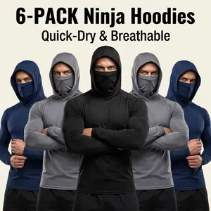 【6-Pack】men's outdoor work sun protection clothing with sun-blocking hoodie, featuring built-in face mask and neck guard, breathable long-sleeve hoodie