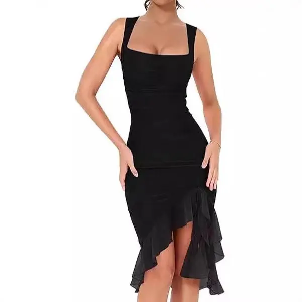 Women's Sexy Bodycon Dress - Sleeveless U-Neck Polyester Midi with Mesh Splicing for Parties, Casual, Casual Wear, Style, Bodycon Fit, Fitted, Fabric, Going Out