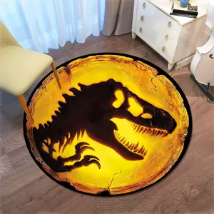 Jurassic Dinosaur Fossil Round Rug - Vintage Skeleton Pattern Floor Decor - Washable Polyester Blend Carpet - Minimalist Style