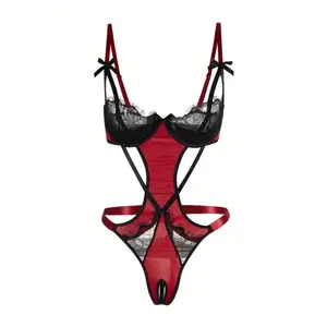 Sexy Red One-Piece Teddy Lingerie - 1pc Strappy Boudoir Wear with Lace and Stitching Detail for Women 2025 Women's Lingerie & Underwear Womenswear Comfort