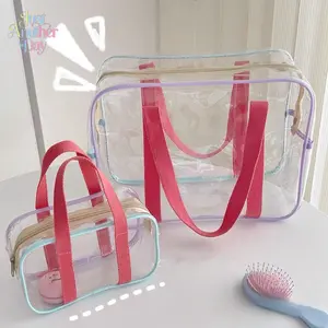 2Pcs Transparent PVC Waterproof Beach Tote Bags, Large & Small Clear Cosmetic Toiletry Pouches, Multicolor Trim Swimming & Travel Organizer Bags