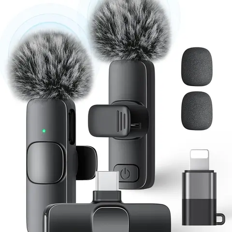 Wireless Mini Lavalier Lapel Microphone - Lightweight Compact Rechargeable Batteries-Powered Plug-and-Play with Receiver, Noise Reduction, USB-C Cable, Connector, iOS Adapter, Portable Clip, for Smartphone, Camera Recording