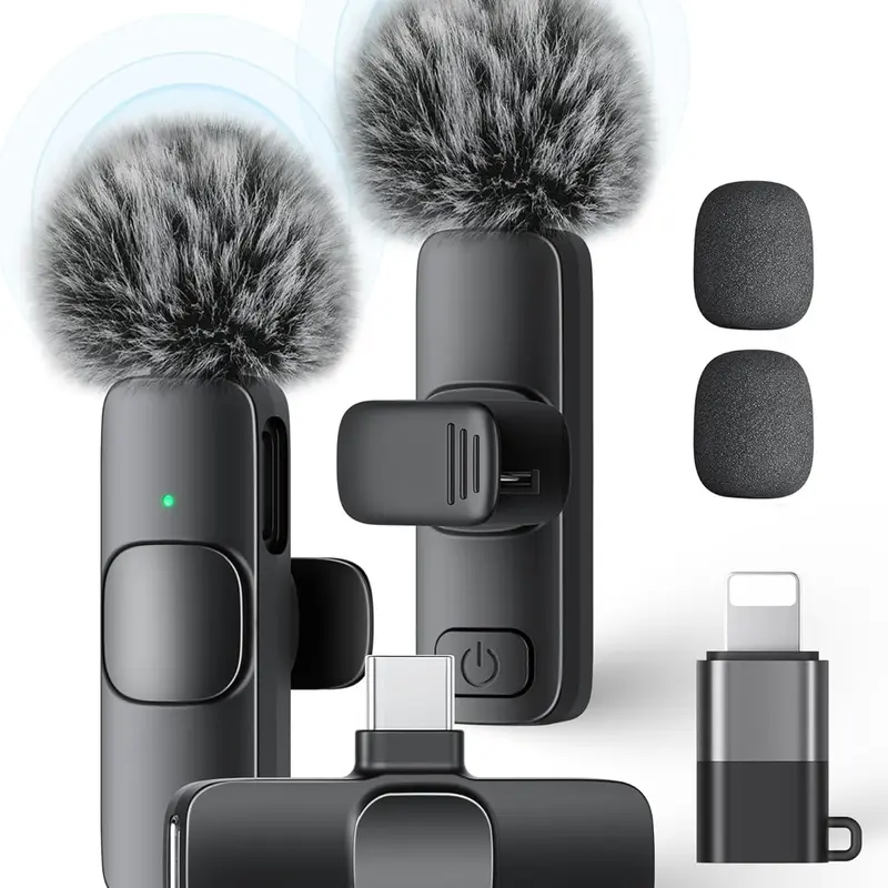 Wireless Mini Lavalier Lapel Microphone - Lightweight Compact Rechargeable Batteries-Powered Plug-and-Play with Receiver, Noise Reduction, USB-C Cable, Connector, iOS Adapter, Portable Clip, for Smartphone, Camera Recording