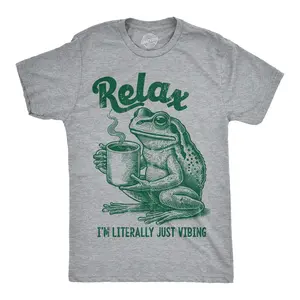 Mens Funny T Shirts Relax Im Literally Just Vibing Sarcastic Frog Graphic Novelty Tee for Men Mens Funny T Shirts Cool Vintage Fashion T-Shirt Gift Classic Menswear Funny Animal Short Sleeve Novelty Tees for Light Grey