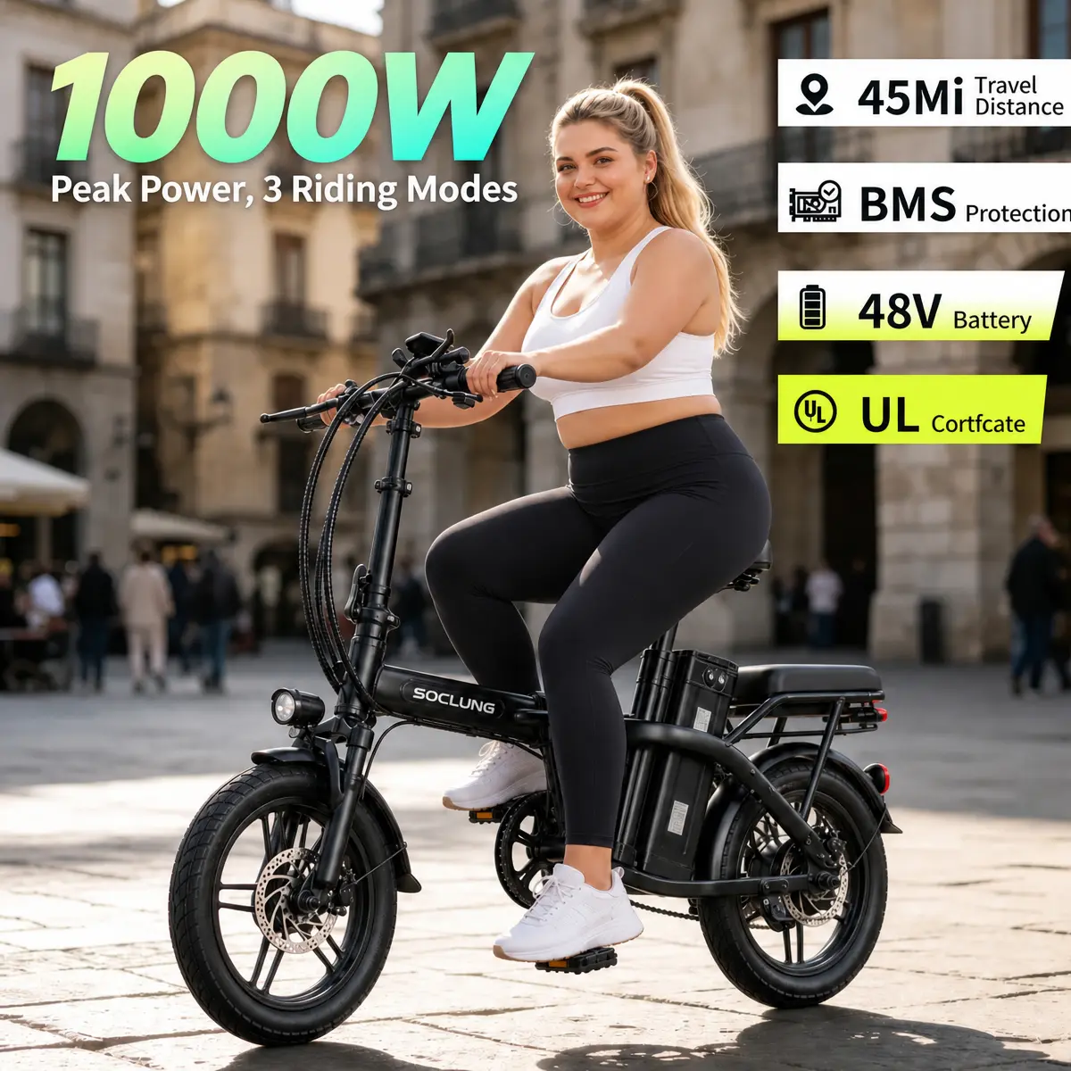 1000W Folding Electric Bike for Teens and Adults, 28 MPH, Compact for Car Trunks and Apartments, Safe Night Ride, Great Birthday Gift