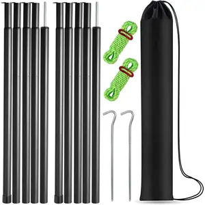 Tent Poles Adjustable Tarp Poles Steel Rods for Tarp Canopy Camping Replacement Set of 2 +Pegs & Reflective Ropes