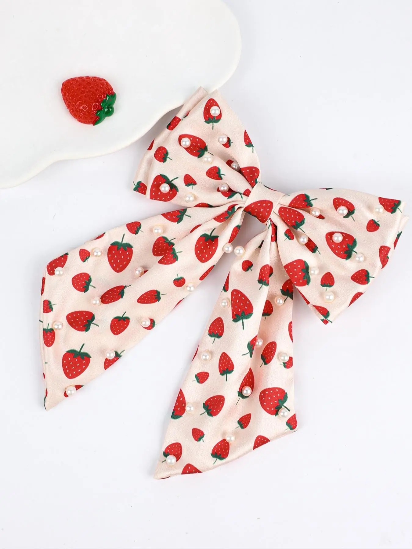 Cute Strawberry Print Bow Decor Flower Hair Clip, Faux Pearl Decor Hair Accessories for Girls, Fashion Hair Accessories for Party, Daily Clothing Deco
