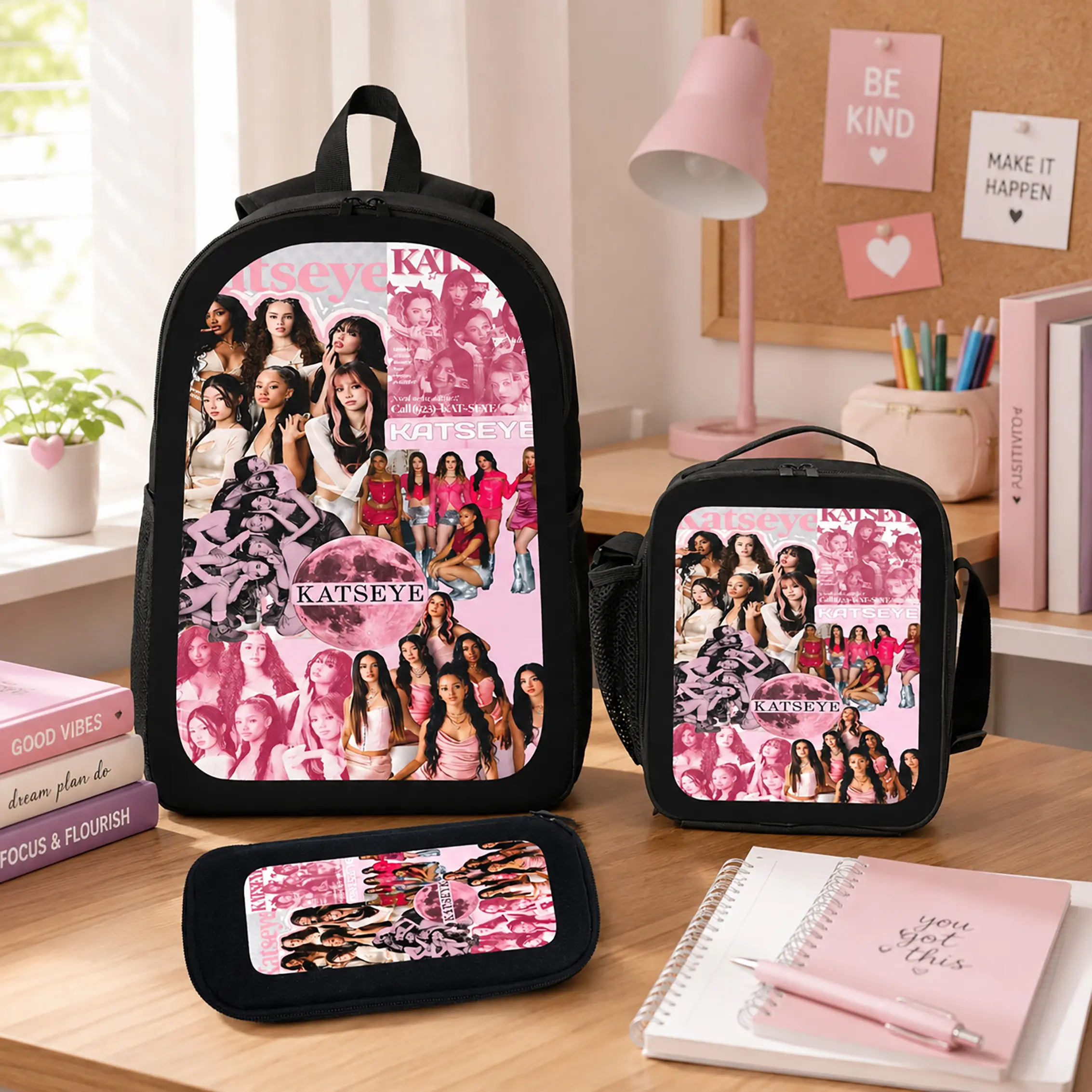KATSEYE Backpack Set - Durable Polyester Lightweight School Backpack, Lunch Bag, Pencil Case, Travel Daypack, Back to School Supplies for Girls, Teens, and Students - KATSEYE Fans