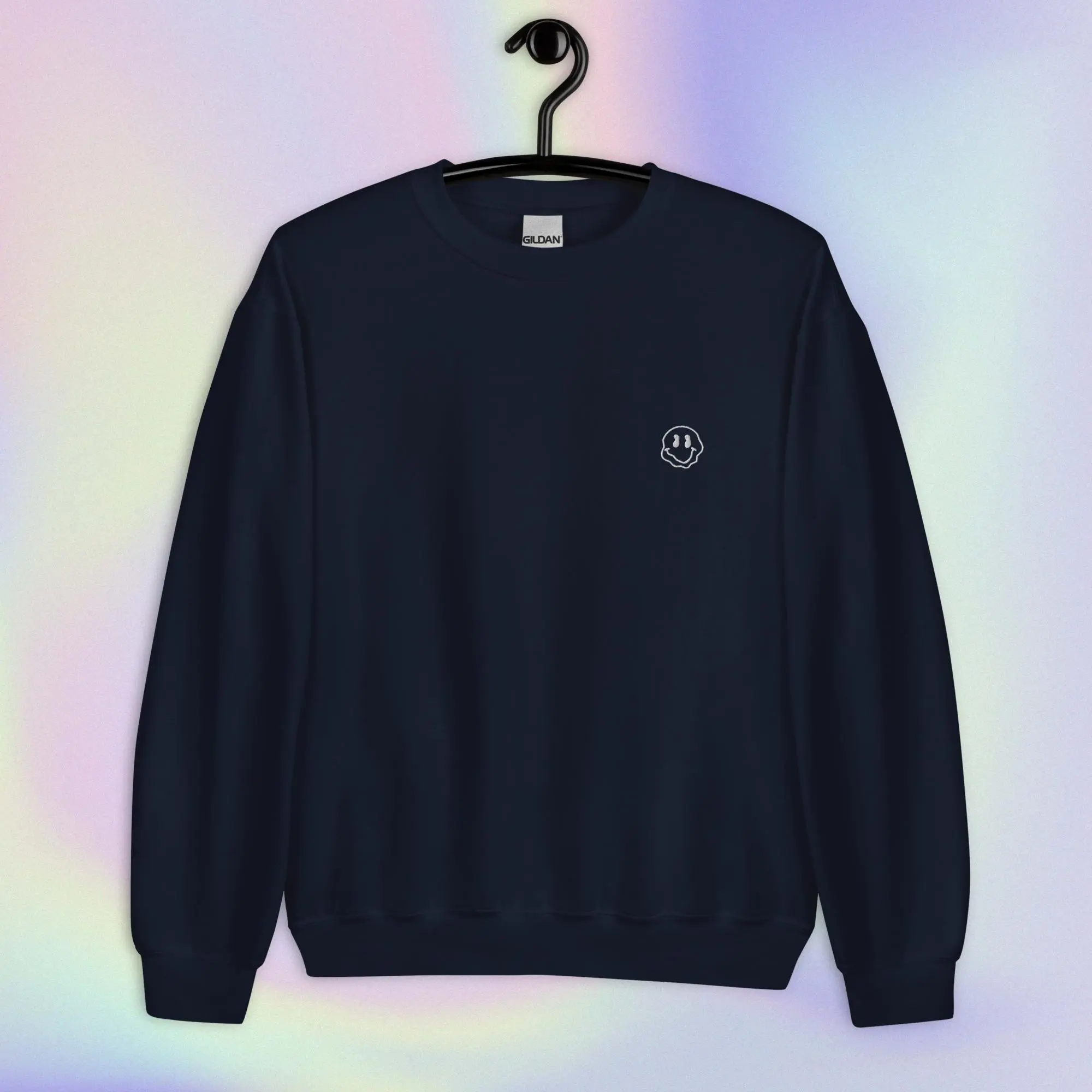 Melting Smiley Face Emoji Outline Embroidered Crewneck | Unisex Sweatshirt Psychedelic Trippy Humor