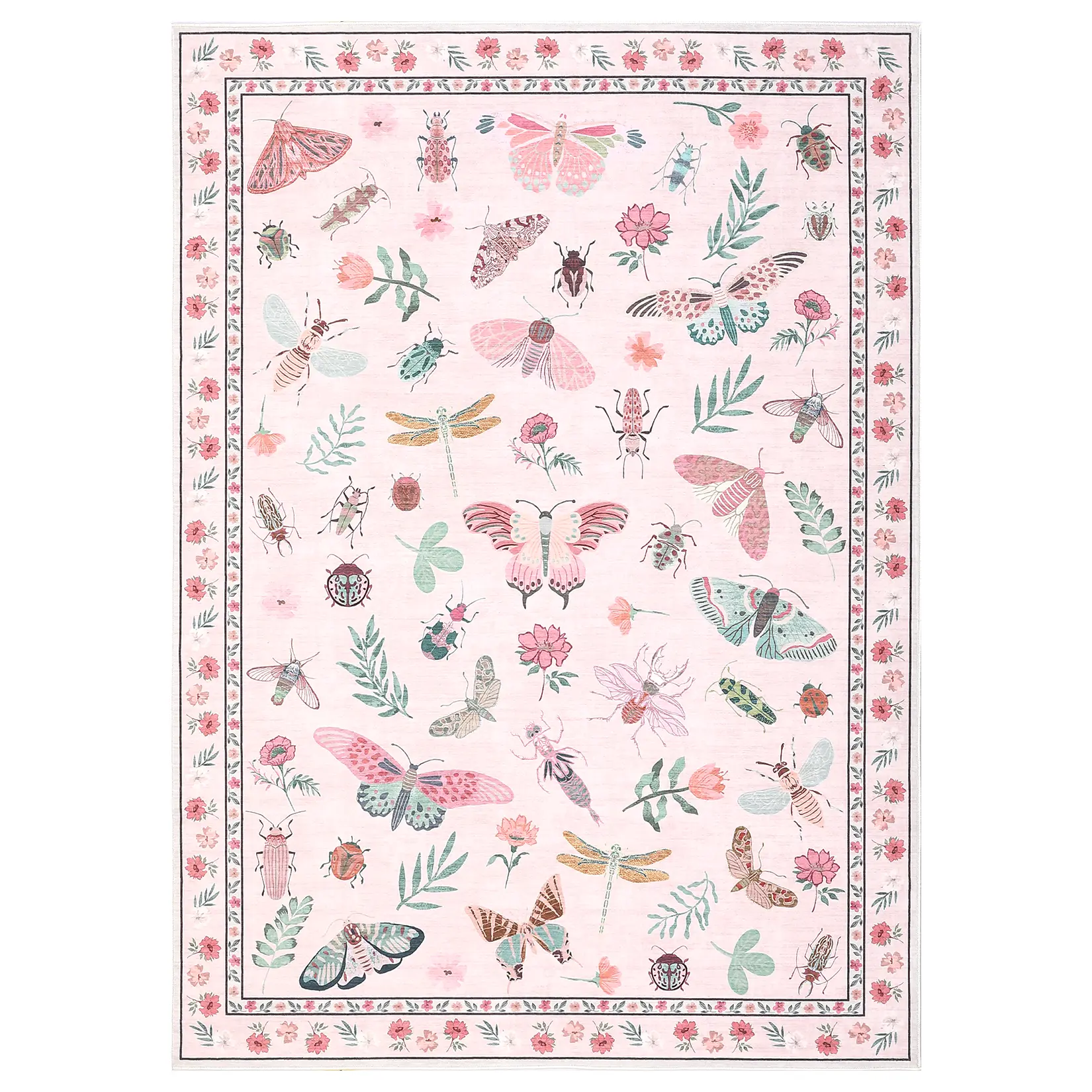 10 x 13 ft Pink Rectangular Polyester Fiber Decorative Rug, Stylish Modern Low Pile, Insect Motif, Durable Area Rugs for High Traffic, Easy Care Machine Washable for Living Room, Bedroom, Decorative Rugs