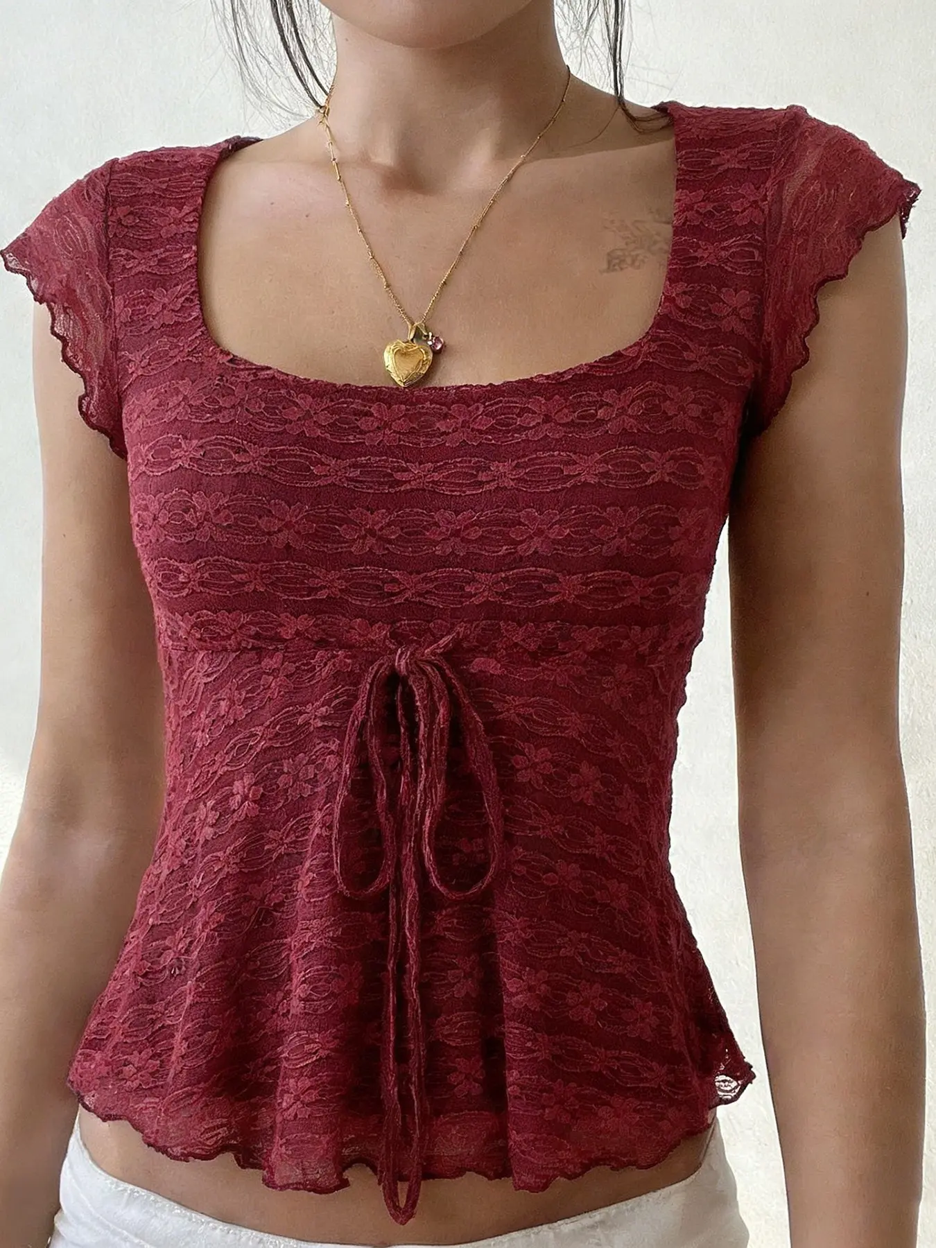 Women's Lace Trim Short Sleeve Top, Sexy Fitted Knit Shirt Without Collar, Body Hugging Tops, Bodycon Fitted Top, Casual All Seasons Fashion, Plain Pattern, Casual Everyday Tops, Womenswear, Lady, Casual Style Top, Blouse Top