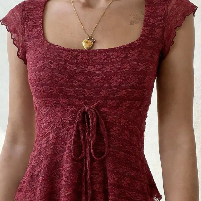 Women's Lace Trim Short Sleeve Top, Sexy Fitted Square Neck Body-Hugging Blouse Top, Casual Plain All-Season Fashion Top, Casual Style Top for Everyday Wear, Womenswear
