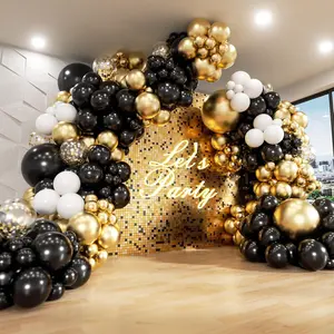 182PCS Black Gold White Balloon Arch Kit with Metallic & Confetti Balloons Party Decoration Set