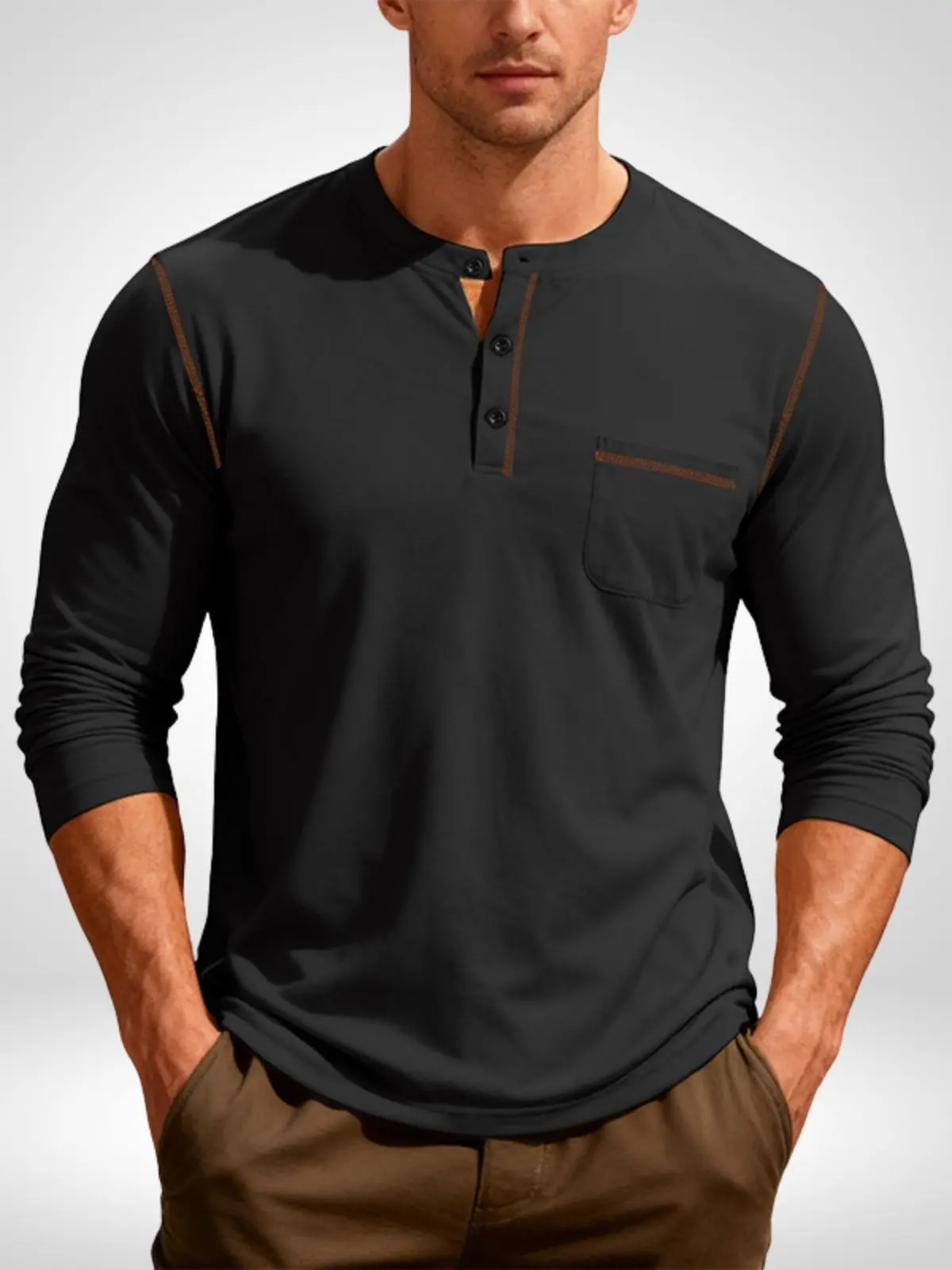 Men's Henley-collar long-sleeve T-shirt with stitched pocket and three-button top