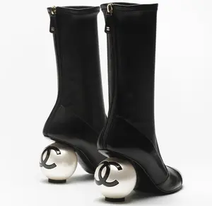 Chanel 25K Black White Pearl Ball Heel CC Logo Stretch Leather Zipper Mid Calf Boots