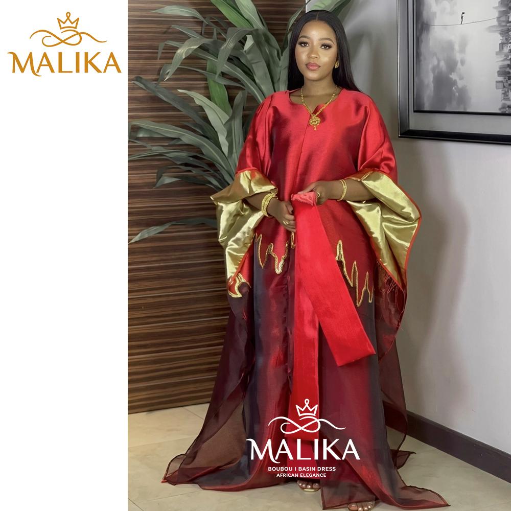 2pcs Set East Middle Red Brocard Boubou Dress With Strap Lining African Classical Party Dress Plus Size Luxury Long Sleeve