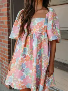 Pink Summer Floral Square Neck Puff Sleeve Babydoll Dress