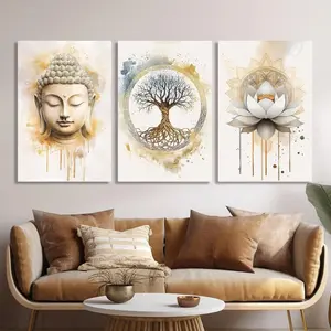 3-piece wrapped canvas set with pine frames, Tree of Life and lotus wall, Bohemian style decorative paintings, suitable for yoga studios, living rooms, and office decoration
