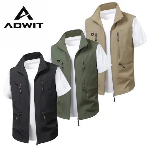 Men's New Multi-Pocket Vest — Outdoor Fishing, Photography. Outdoor outings and all-season workwear; khaki vest styling, men’s vests/tank tops, solid-color zip-up vests Gilet Plain Waistcoat