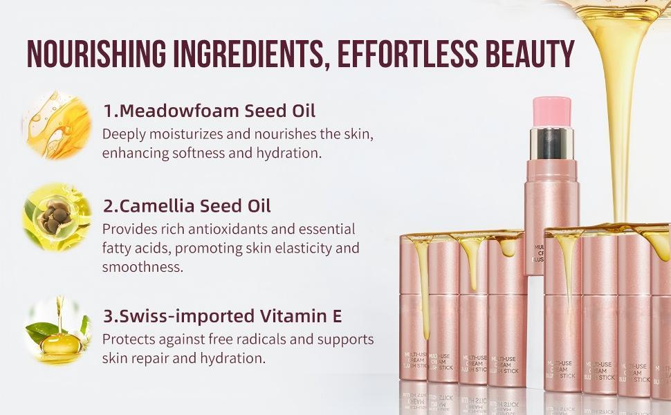 Multi-Use Waterproof Makeup Cream Blush Stick with Brush, 3-in-1 Buildable Blush Stick for Cheeks, Eyes, and Lips, All day wear, Easy Application