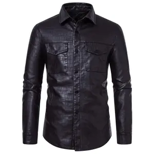 Men's Long-sleeved Shirt Leather Jacket Casual Fashion Trendy Clothing Korean Black