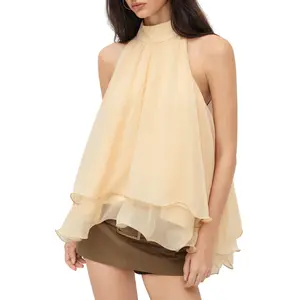 FWSAM Women Halter Neckline Knotted Layered Ruffle Hem Blouse Flowy Sleeveless Top Loose Fit Dressy Casual Vacation Summer Wear
