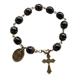 Personalized Catholic Crucifix Black Glass Bead Bracelet Pendant Jewelry Lucky