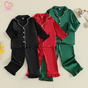 Kids Girl Satin Pajama Set Ruffle Trim Long Sleeve Button-up Tops and Elastic Waist Pants 2 Piece Sleepwear Outfit
