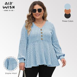 【Plus Size】Airwish V Neck Fleece Lantern Long Sleeve Golden Button Fitted High Waist Ruffled Hem Basic Casual Women Knitwear Top Sweater Style Vneck Christmas