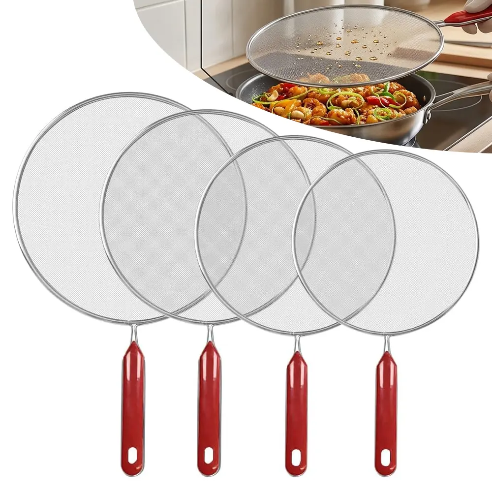 4-Piece Stainless Steel Kitchen Oil Block Splatter Guard Set - 13/11.5/10/8 in Fine Mesh Grease Screens for Cookware, Comfort Grip Handles, Hanging Capable, Dishwasher Safe, Rust-Resistant (Silver)