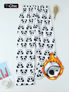 Women's Winter Cute Panda Print Soft Comfortable Flannel Pajamas, Pjs, Lady, Fitted Casual Sleepwear, Cozy Animal Pattern Loungewear Pants, Womenswear, Homewear