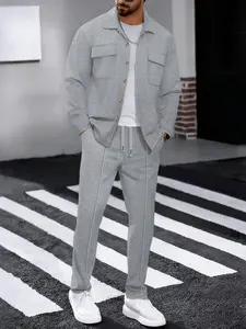 Men's Waffle Knit Shirt and Pants Set, Dual Chest Pockets, Asymmetrical Neck, Breathable, Casual Fashion, Comfortable Two-Piece, Top