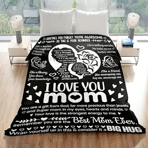 Precious Mom Gift - Ultra-Soft Flannel Heart-Shaped Poetic Blanket, Black and White Floral Design| Perfect birthday or Mother's Day gift for daughter and son|   80x 60inch , Hand Wash Only, All-Season Comfort, Mother's Day Gift for Mom