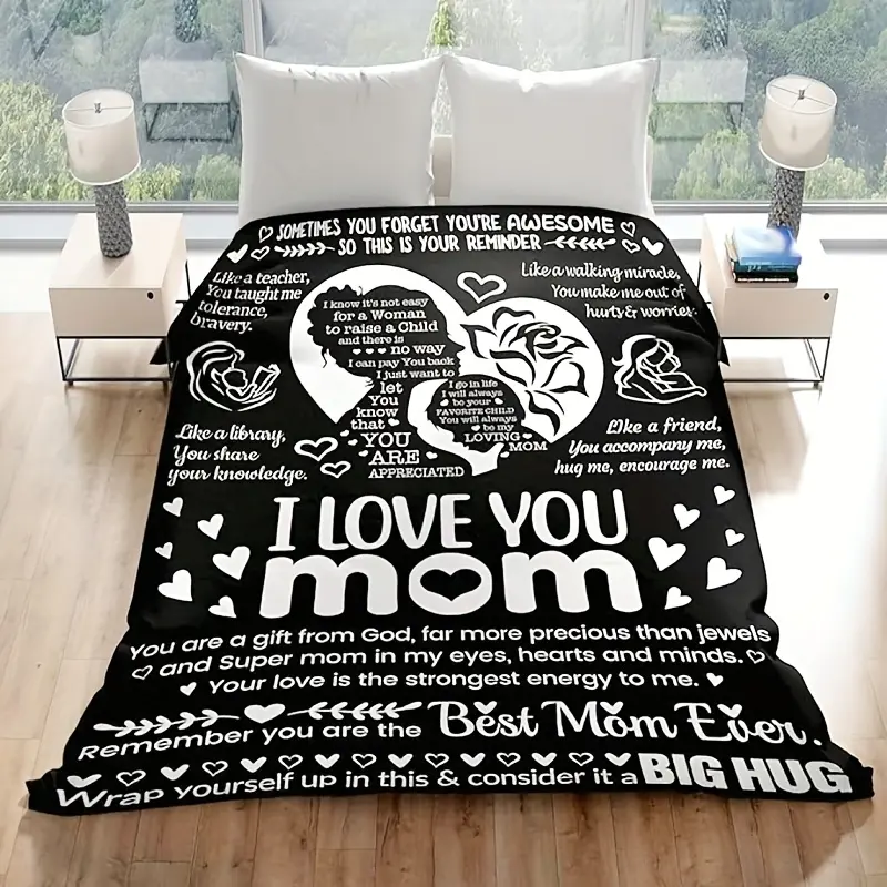 Ultra-Soft 60x80 in Flannel Fluffy Buttery Soft Throw Blanket, Black-White Heart-Slogan Print, Skin-Friendly, Wrinkle-Resistant, Hand Wash Only, All-Season Bedding, Cozy Lounging, Perfect Mom Gift for Birthday/Mother's Day, Fluffy Blanket, Buttery Soft Bl