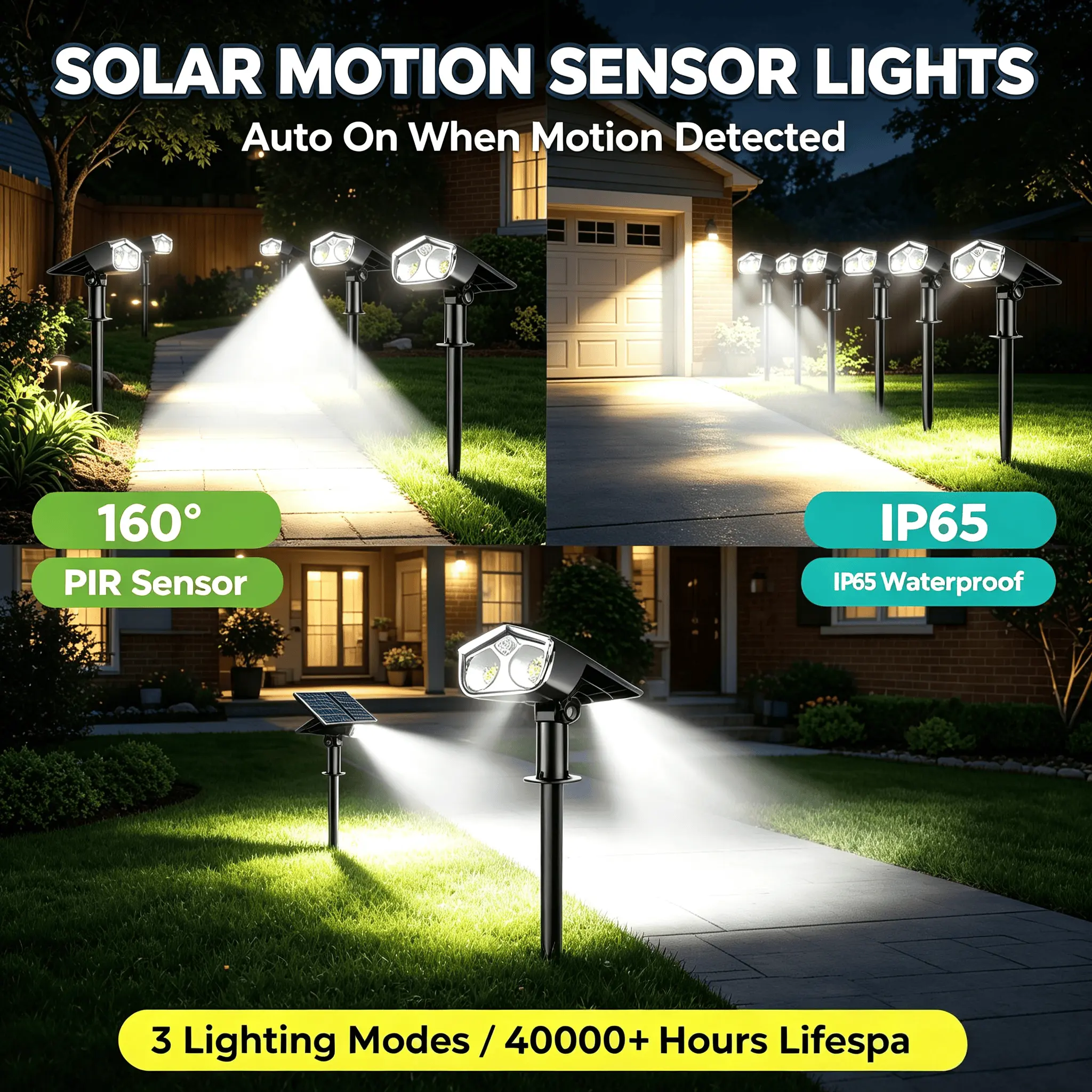 Solar Motion Sensor Spot Lights Outdoor | 3 Lighting Modes, 160° Wide PIR Detection, IP65 Waterproof Adjustable LED Security Spotlights, Ground Stake & Wall Mountable for Pathway Yard Fence Garden Driveway