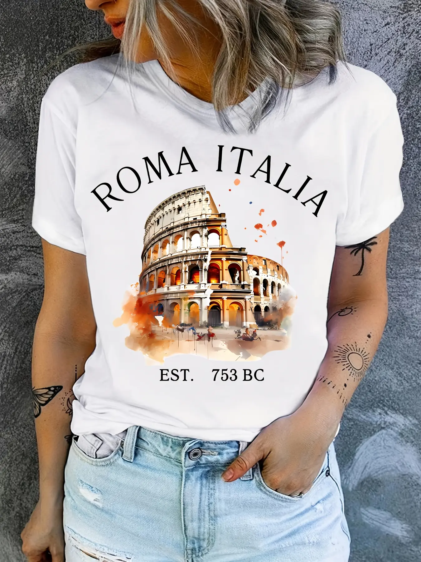 Women's Casual Comfortable Short-Sleeve Round Neck Cotton T-Shirt - Italian Rome Colosseum Print, Suitable for Fitness