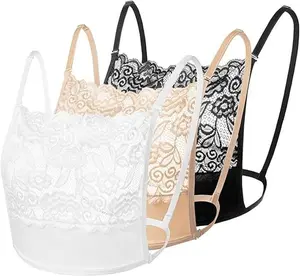 Lady's 3-Pcs Lace Camisole Bra Insert Set - Sheer Wearable Modesty Panel Vest Overlay, Lightweight Spandex Fabric Underwear Accessory for Layering, Casual Use