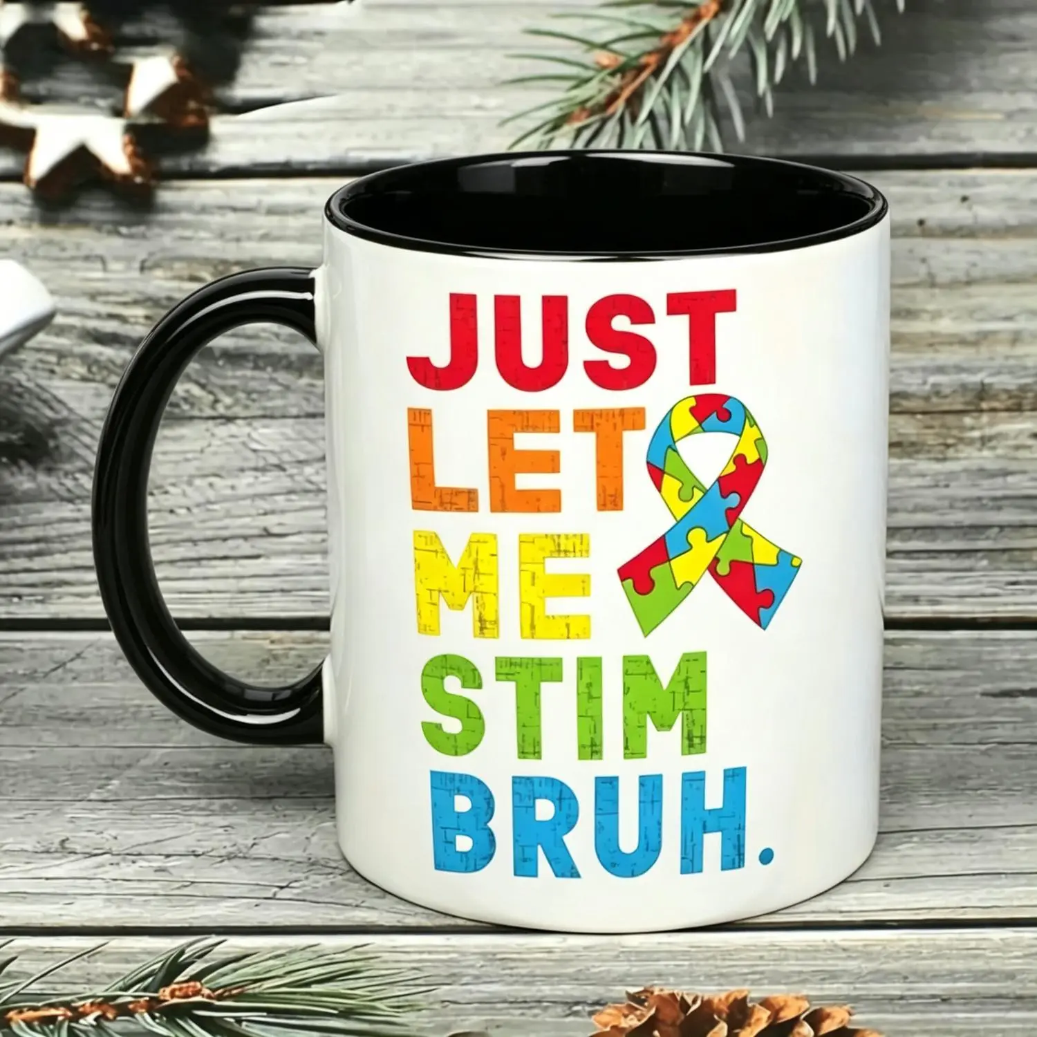 Autism Pride Coffee Cup with Vibrant Puzzle Ribbon Great Gift for Autism Advocates - "Let Me Stim" Quote Mug