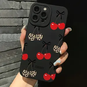 Trendy Aesthetic Leopard Cherry Pattern Matte Phone Case Cover for iPhone 16 15 14 13 12 11 Pro Max 14 15 16 Plus 12 13 Mini XS XR X 8 7 Se 2020 Casing